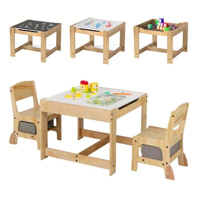 Plywood 3 in 1 Kids Table and Chairs Set with Storage Bins - 24.5" x 24.5" x 19"