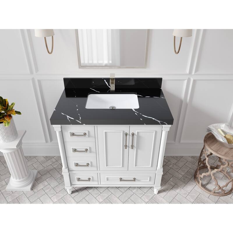 Willow Collections 36 in. W x 22 in. D Aberdeen Center Right Offset Sink Bathroom Vanity with Countertop - 2"Calacatta Black - White