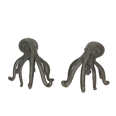 Rustic Cast Iron Octopus Bookends Decorative Sculptures (Set Of 2) - 4.5 X 5.75 X 5 inches