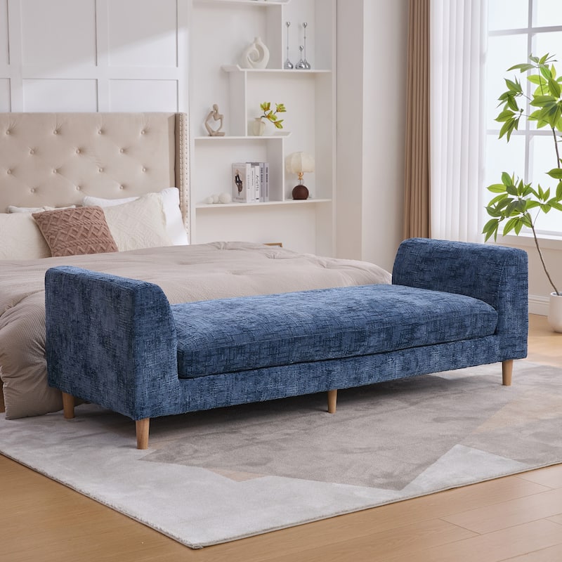 Modern 83.1" Upholstered End of Bed Bench with Armrests, Chenille Accent Reading Bench with Pillows and Wood Legs for Bedroom