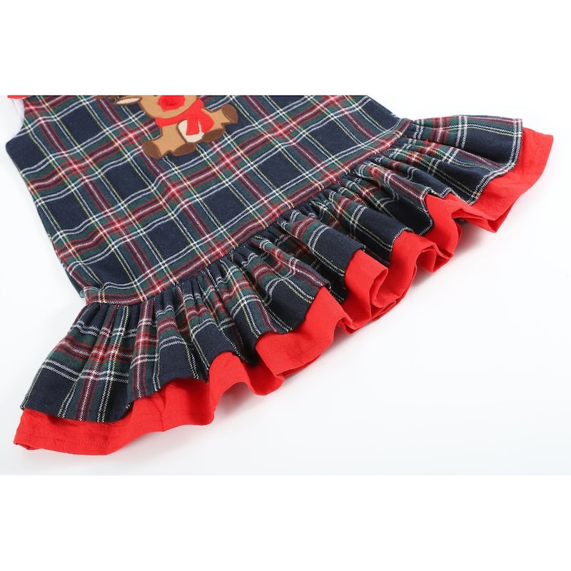 Lil Cactus Navy and Red Plaid Reindeer Ruffle Dress