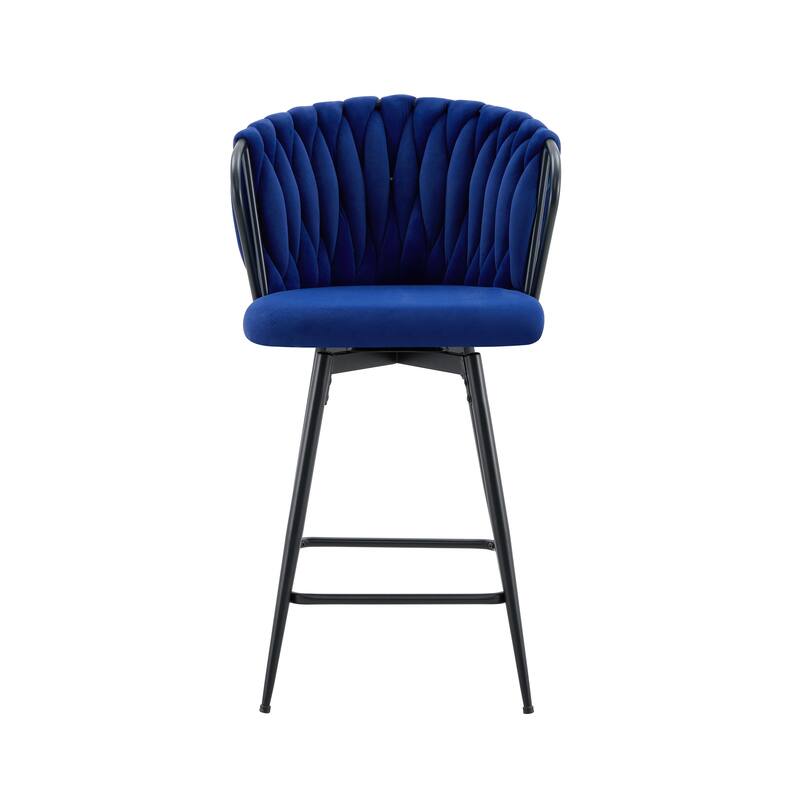 Set of 2 Modern Velvet Braided Bar Stools with Metal Frame & Woven Rope Backrest - Blue