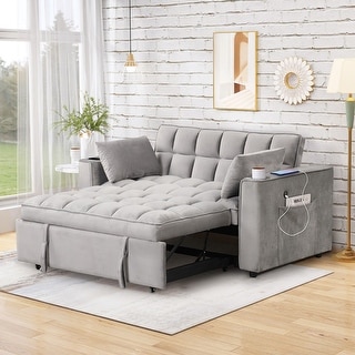 55" Multi-functional Velvet Sofa Bed with Cup Holder and USB Port for Living Room