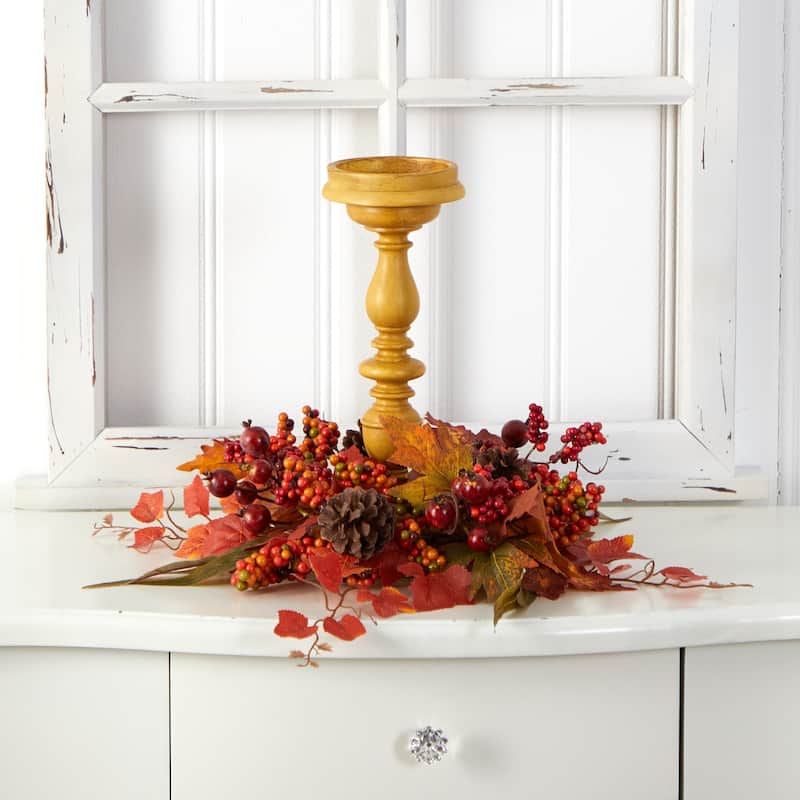 15” Maple Leaves Berries Fall Artificial Candelabrum Arrangement