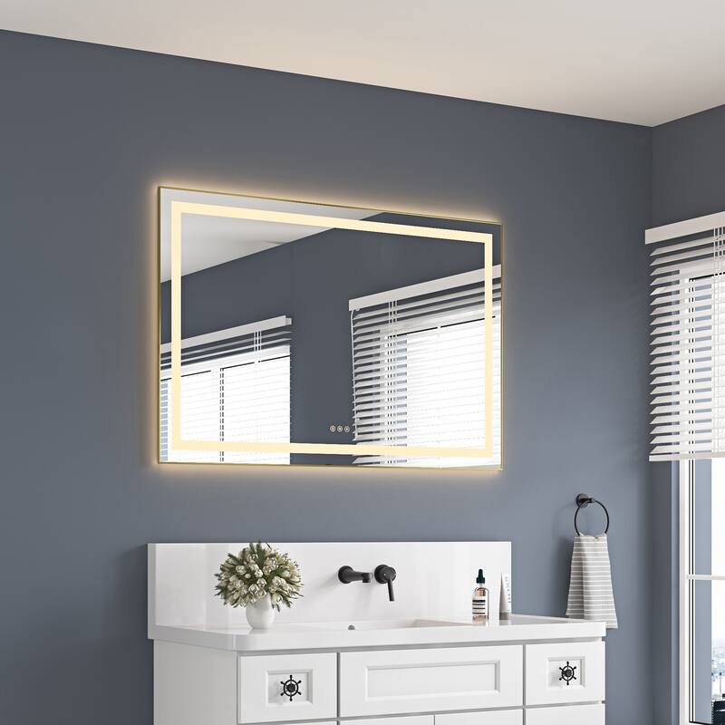 48" x 32" LED Bathroom Mirror with Front and Backlight, Wall Mounted Vanity Mirror with Aluminum Frame, Anti-Fog - Brushed Gold