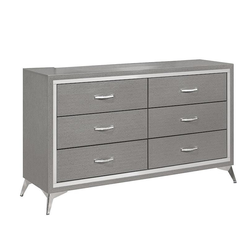 Sami 58 Inch Wide Dresser, 6 Drawers, Mirror Trim, Embossed Texture, Gray - Gray, Chrome - 6-drawer