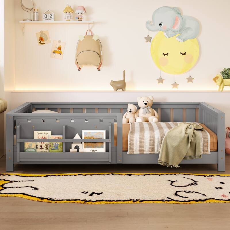 Montessori Floor Bed Low Profile Kids Bed with Rails & Bookshelf