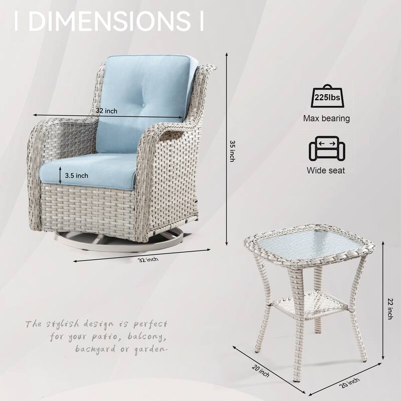 Cozywor 3-Piece Grey Wicker Patio Swivel Outdoor Rocking Chair Set