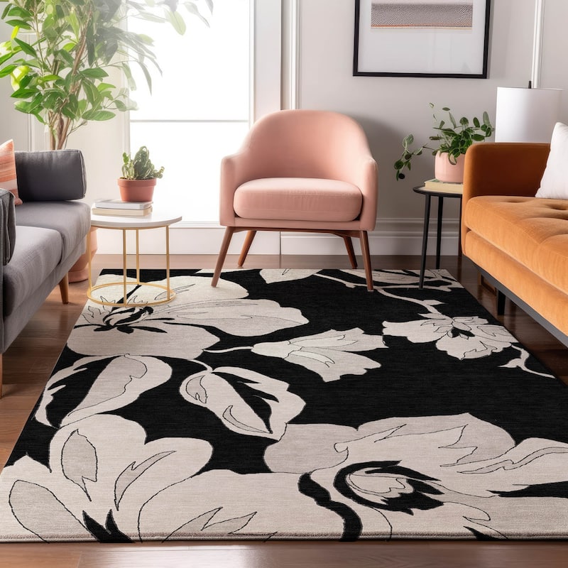 Premium Washable Super Soft Modern Floral Mayfield Rug - Black - 9' x 12'