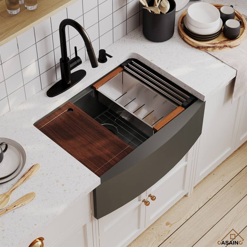 Stainless Steel 16-Gauge Single Bowl Farmhouse Apron Workstation Kitchen Sink in Gunmetal Black with Accessories