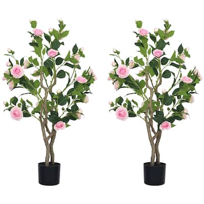 HOMCOM Set of 2 Decorative Artificial Plants, Camellia Flowers in Pots, Fake Plants for Home Indoor Outdoor Decor, 39 inch, Pink