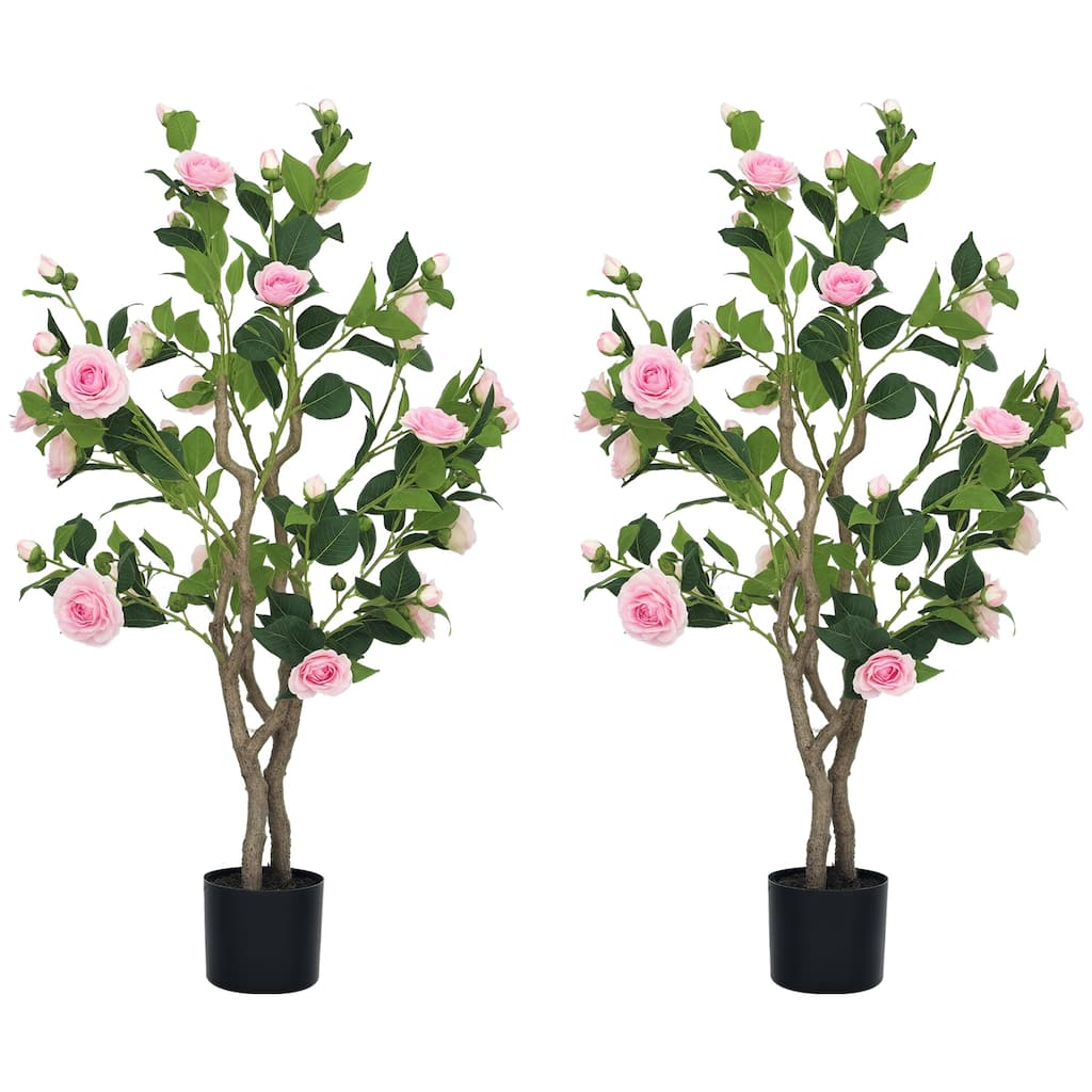 HOMCOM Set of 2 Decorative Artificial Plants, Camellia Flowers in Pots, Fake Plants for Home Indoor Outdoor Decor, 39 inch, Pink