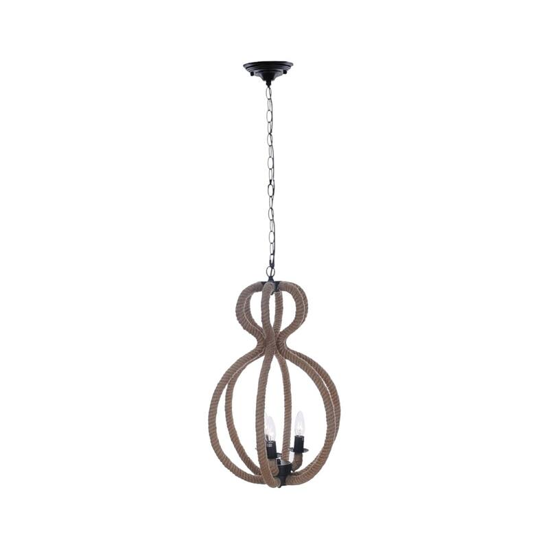 HomeRoots Natural and Black Iron and Rope Three Light Ceiling Light - 15' X '47.5' X '15