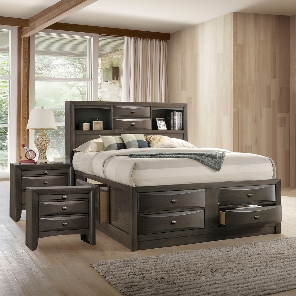 Furniture of America Brent 3-Piece Wood Platform Bedroom Set with Drawers and Bookcase Headboard