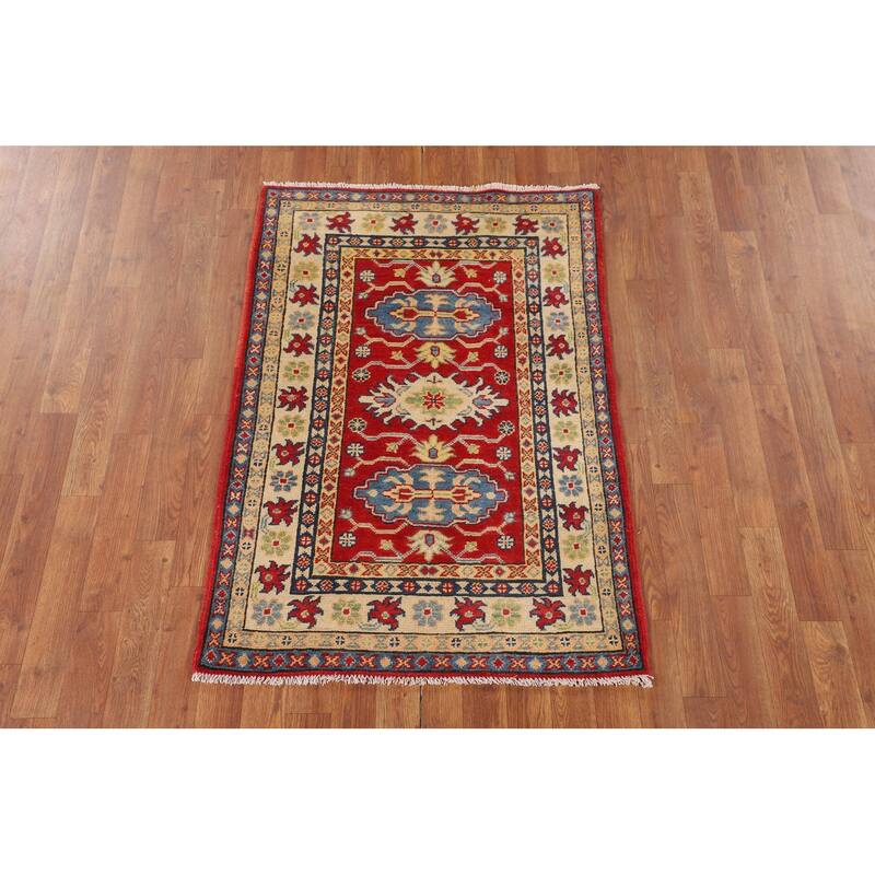 Red Geometric Kazak Oriental Accent Rug Bathroom Handmade Wool Carpet - 2'10" x 4'1"