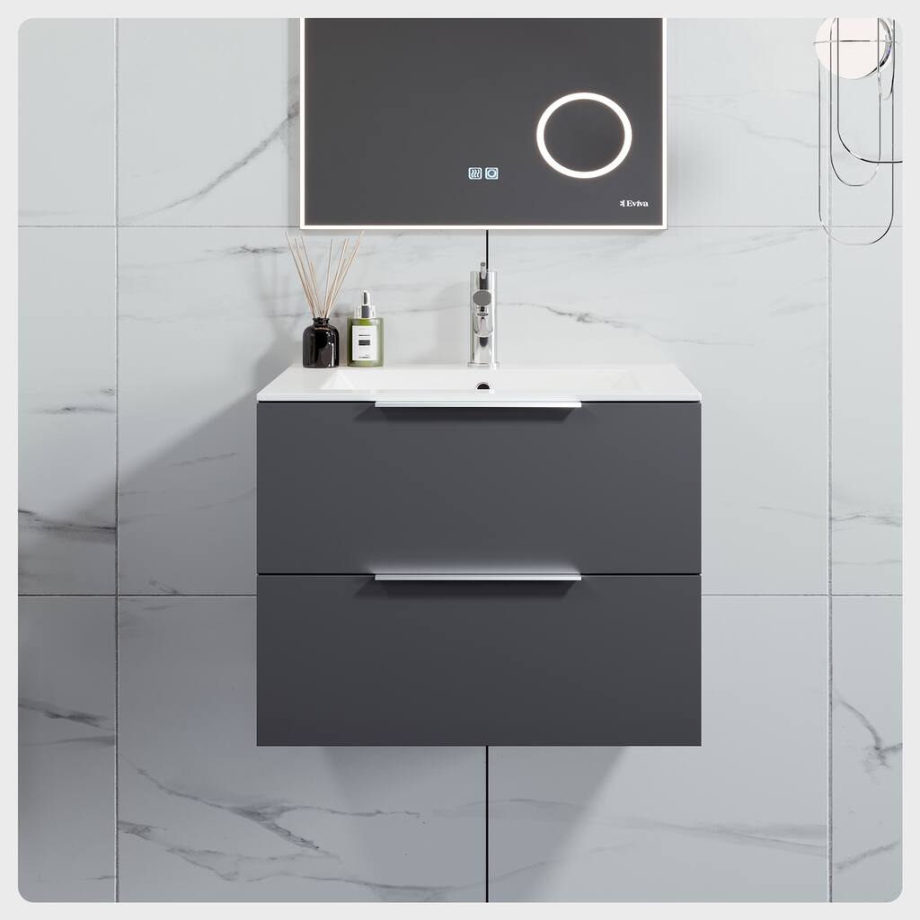 Eviva Galsaky 32"W Gray Wall Mount Bath Vanity with Porcelain Top