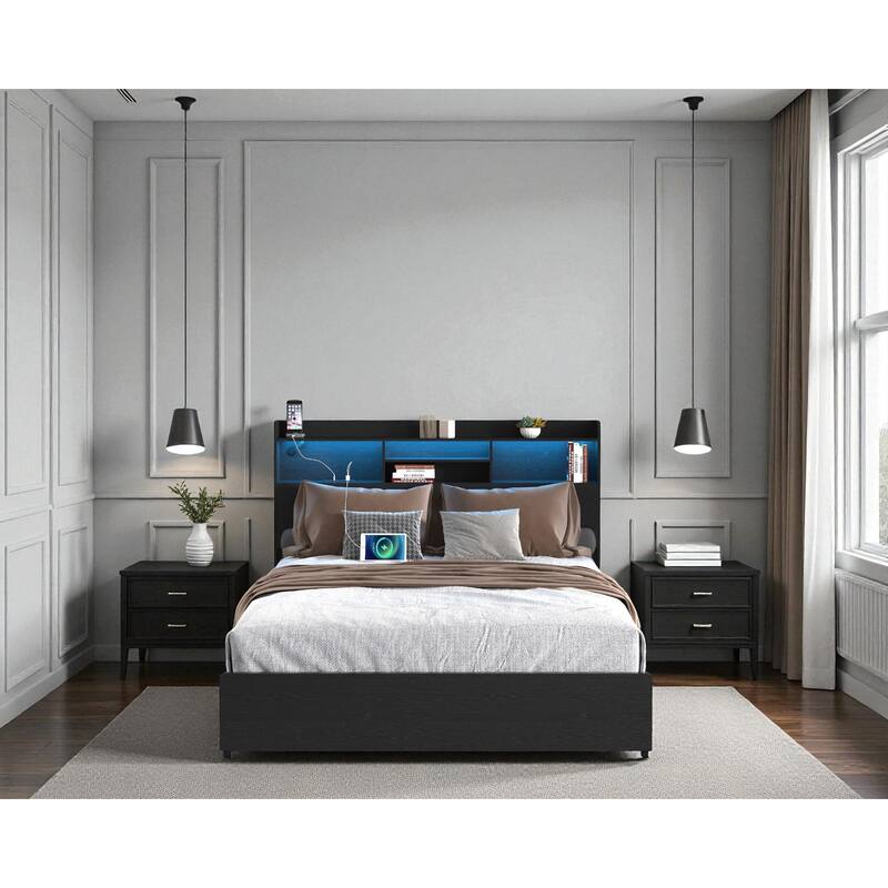 Bed Frame with 4 Storage Drawers, LED Headboard Shelf, Charging Station, No Noise Metal Platform Bed No Box Spring Needed