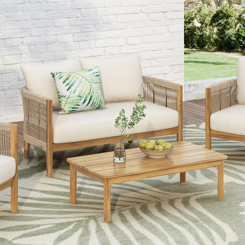 Christopher Knight Home - Rowan 2-Piece Outdoor Acacia Wood Loveseat Set with Woven Rope Accents & Coffee Table - Teak + Beige