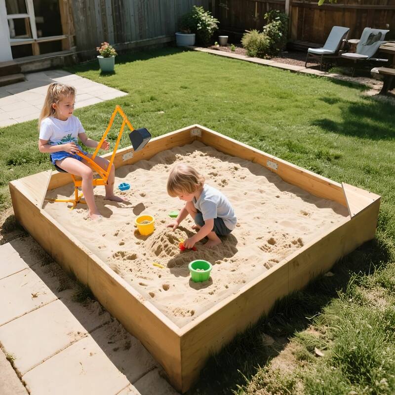Kids Sand Box, 2 in 1 Outdoor Wood Sandbox with Cove, Two Corner Seats