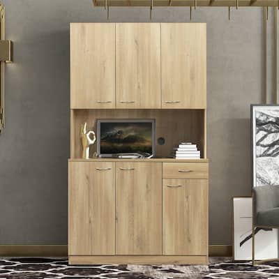 Rustic Clothes Locker 6-Doors Armoires for Bedroom, Tall Wardrobe & Kitchen Cabinet with Open Shelves and Drawer, Oak