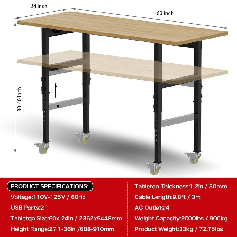 Adjustable Work Bench Wood Top Garage Workbench with Power Outlet - Black