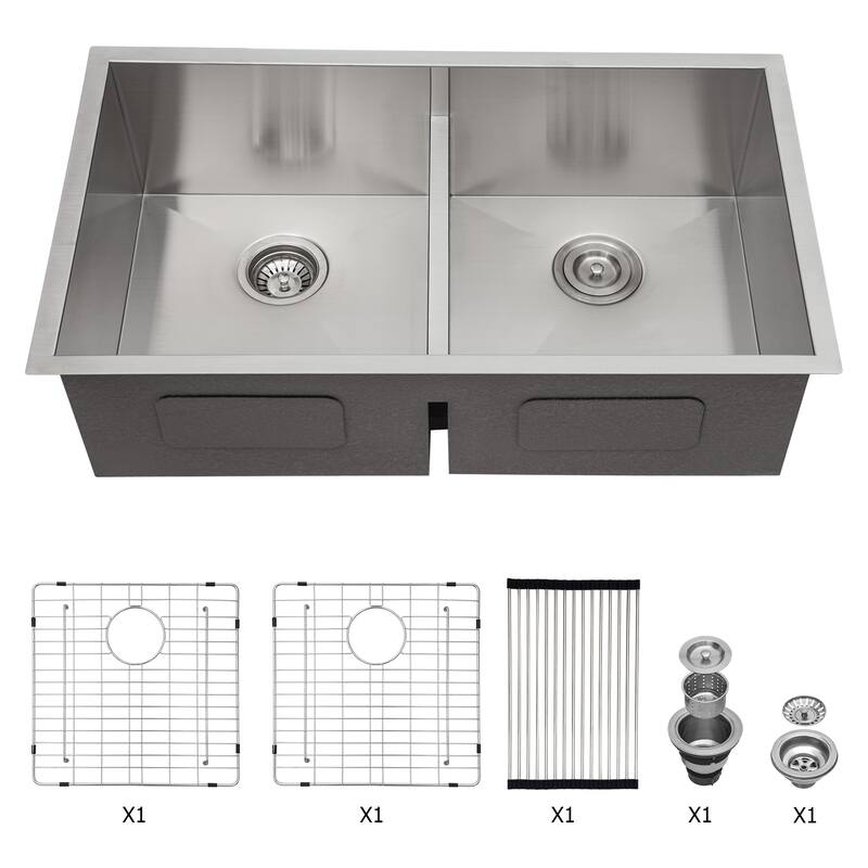 Double Bowl(50/50) Undermount Sink- 36" x 19" x 10" Double Bowl Kitchen Sink 16 Gauge with Two 10" Deep Basin