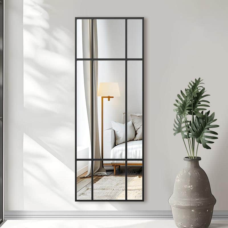 Iron Metal Frame Rectangular Windowpane Wall Mirror Farmhouse Rustic Elegant Decor for Living Room Bedroom Bathroom Entryway - 63" x 24" - Black Rectangular