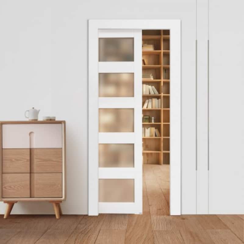 White Wood MDF Sliding Pocket Door with Frosted Glass Panels