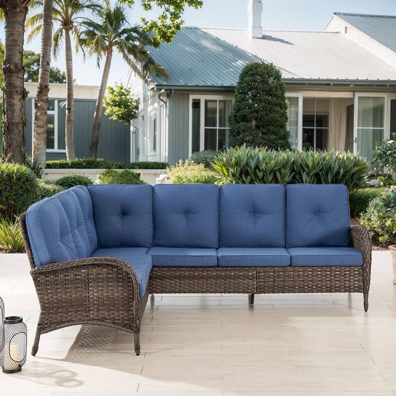 Gymojoy L-Shaped Outdoor Sectional Sofa Set, PE Wicker Couch with Water-Resistant Olefin Cushions - 1-Piece - Blue