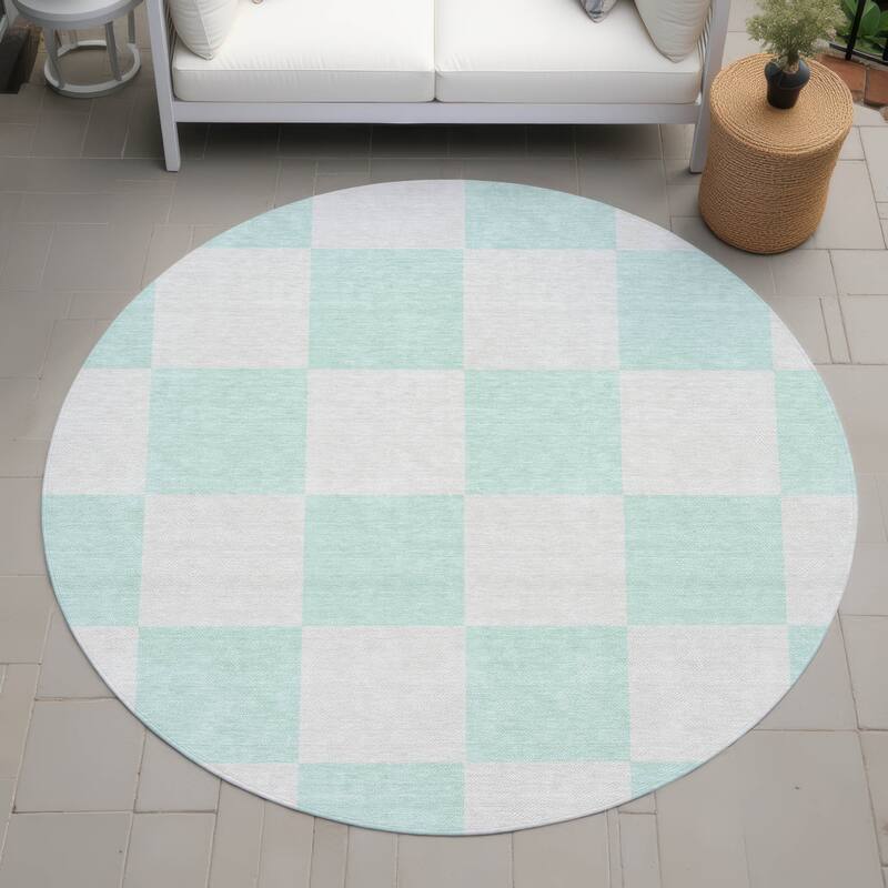 Machine Washable Indoor/ Outdoor Modern Checker Chantille Rug - Mint - 8' x 8'