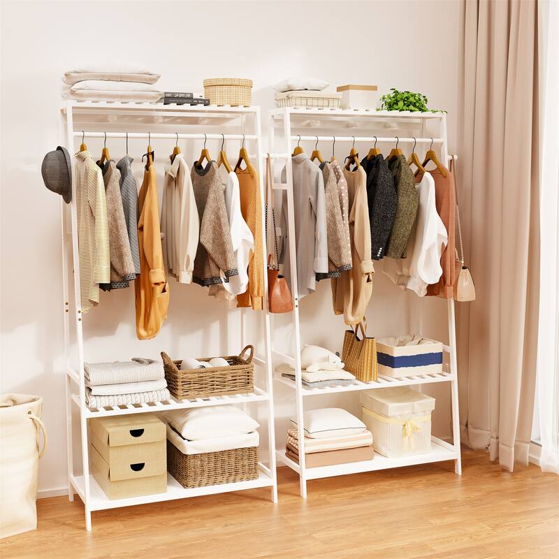 Bamboo Garment Rack Clothes Shelf Shoes Storage with Hooks