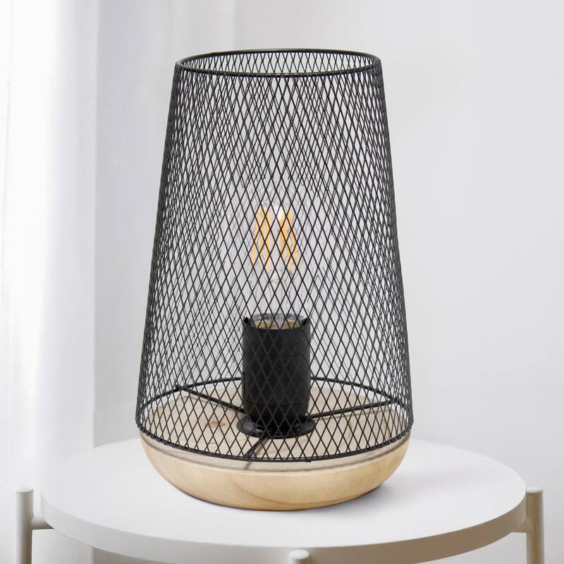 Metal Open Cage Mesh Table Lamp with Pine Wood Base - 6 x 6 x 9 in. (L x W x H)