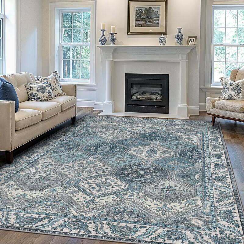 Mcow Vintage Wood-Tone Low-Pile Washable Non-Slip Area Rug - 8' x 10' - Light Grey/Blue - Rectangle