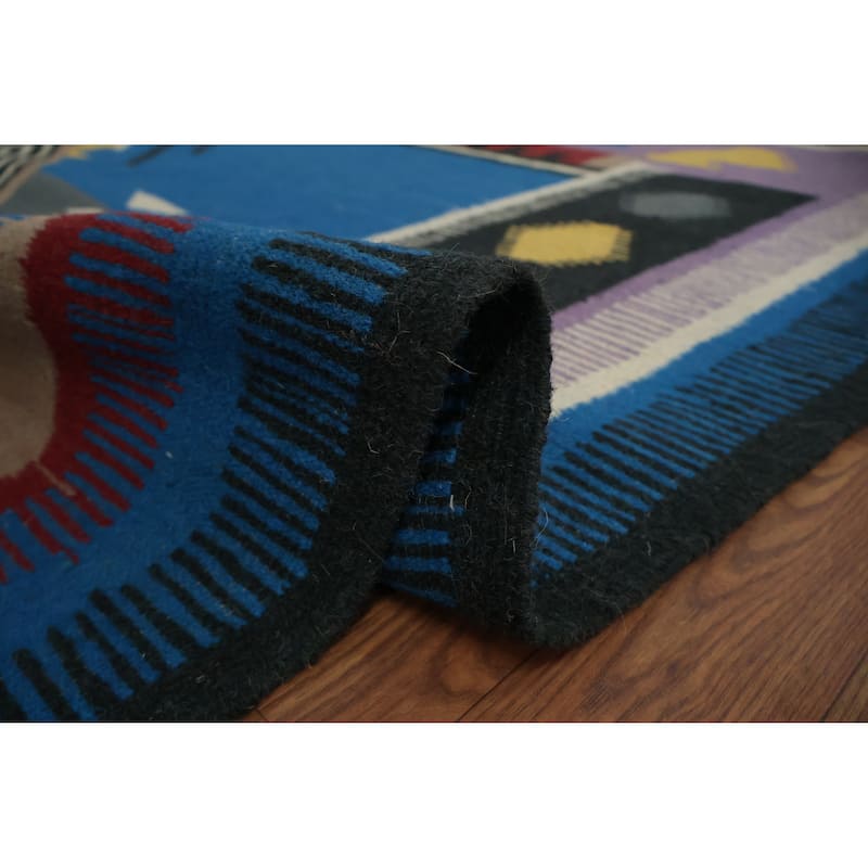 Hand Woven Oriental 100% Wool Carpet Southwestern Tribal Navy Blue & Blues Kilim Area Rug - 10' 1'' X 8' 2''