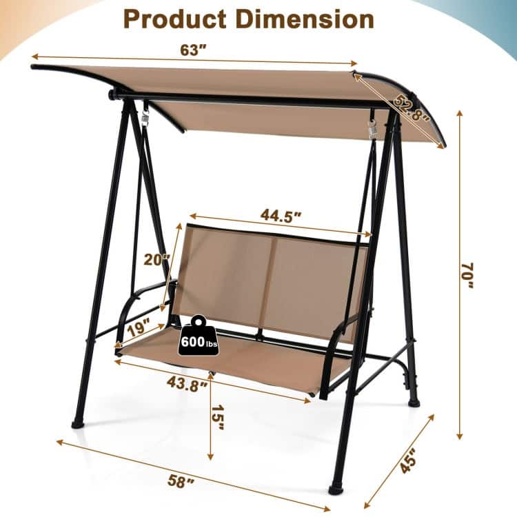 2-Seat Outdoor Canopy Swing with Comfortable Fabric Seat and Heavy-duty Metal Frame - 58" x 45" x 70"
