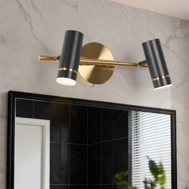 Modern Black Gold 2-Light LED Bathroom Vanity Light with Cylinder Shades - 16" L x 7.5" W x 6.5" H