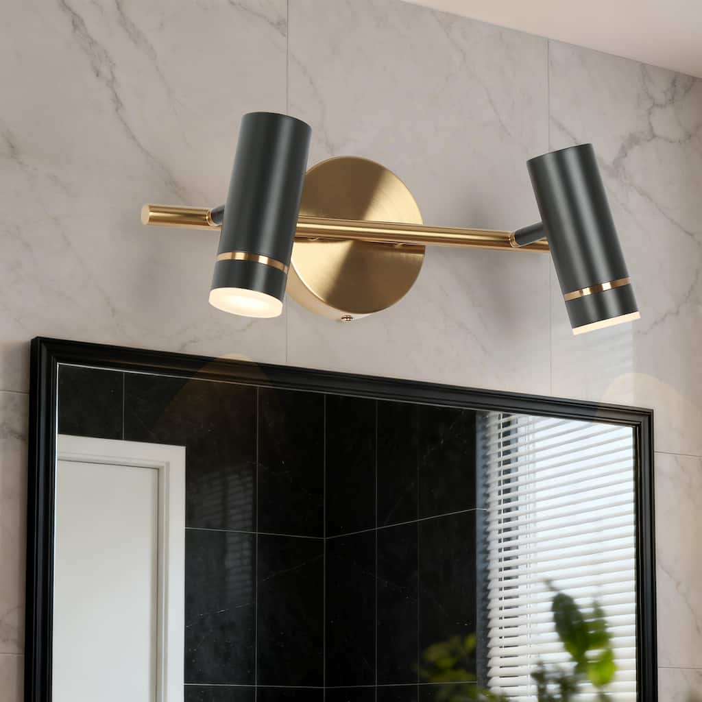 Modern Black Gold 2-Light LED Bathroom Vanity Light with Cylinder Shades - 16" L x 7.5" W x 6.5" H