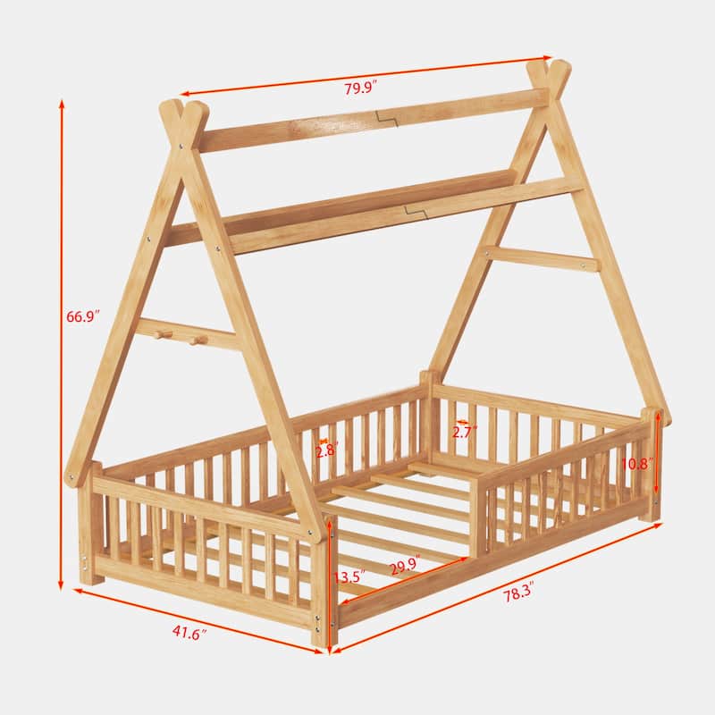 Twin Size Low House Tent Bed with Removable Roof Convertible Floor Bed with Fence, No Door for Kids Boys Girls