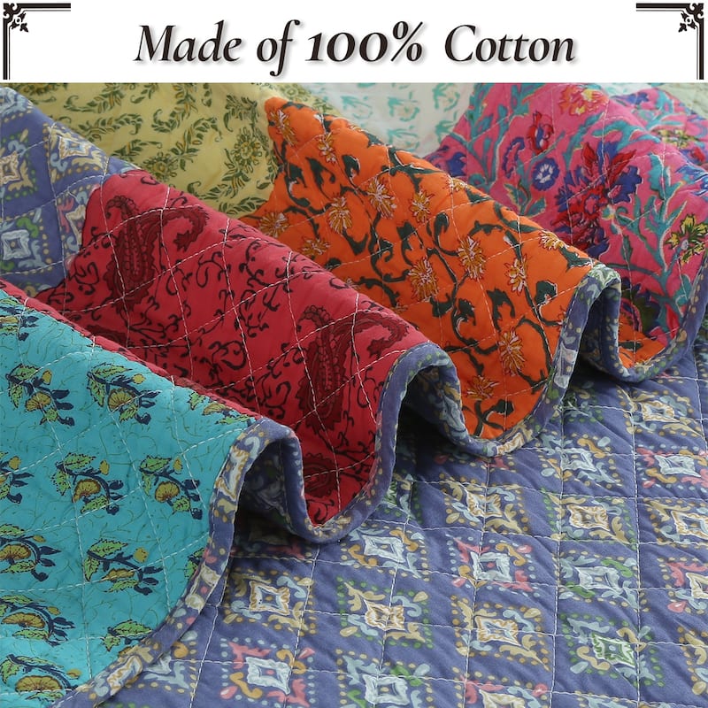 Cozy Line Bright Bold Multi Color Boho Floral Patchwork 3 Piece Cotton Quilt Bedding Set