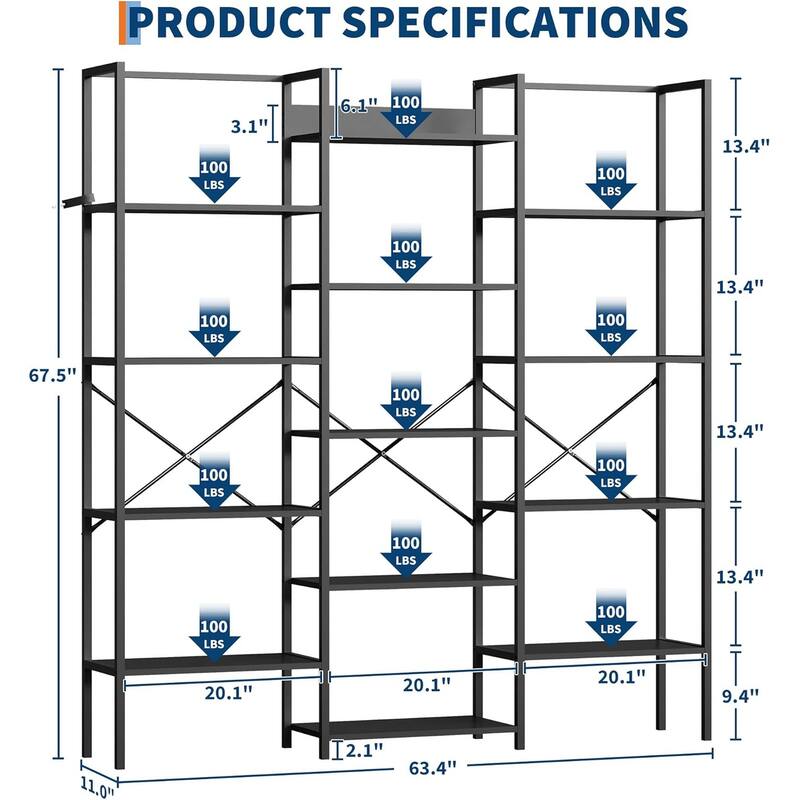 Triple Column 5-Tier Bookshelf, Rustic Industrial Bookshelf with Frame
