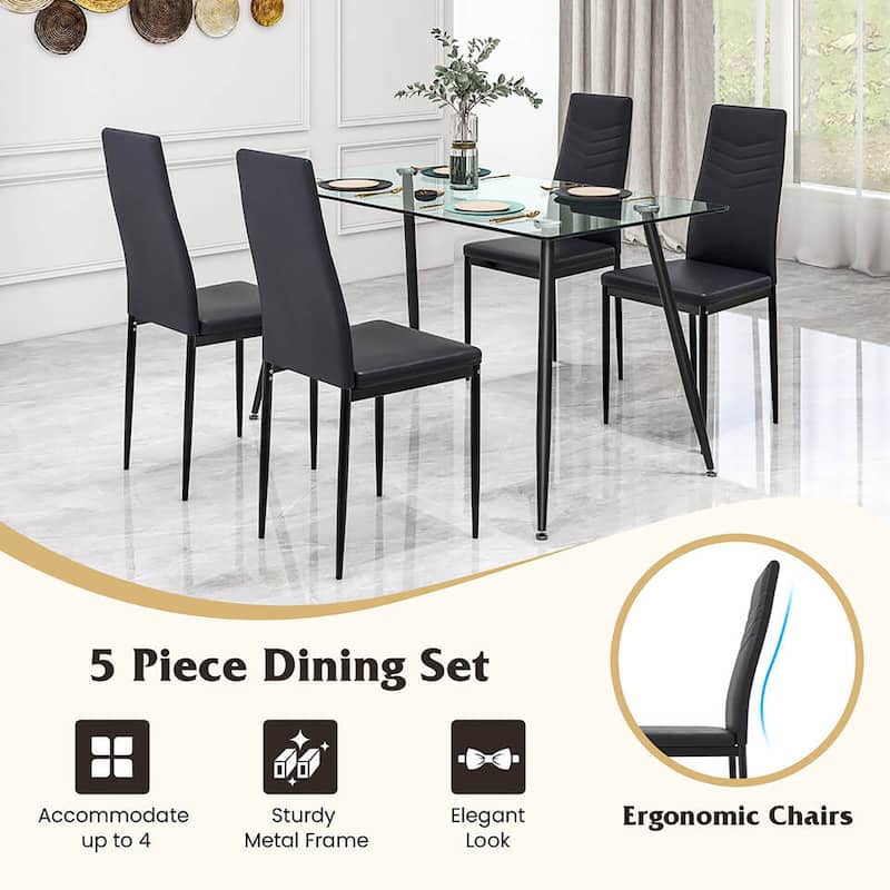 Gymax 5 PCS 51'' Rectangle Dining Set 0.3'' Thick Glass Table w/ 4