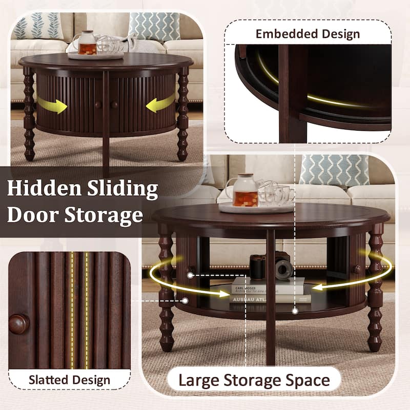 30.3'' Vintage Round Coffee Table With Storage, Mid-Century Modern Cocktail Table Featuring Sliding Door And Slatted Design.