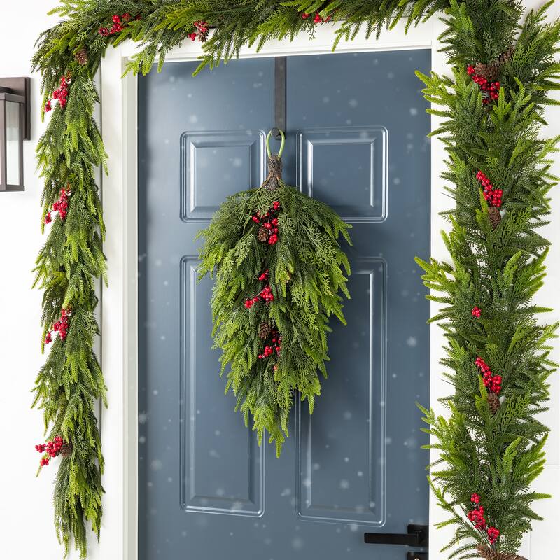 Glitzhome Christmas Greenery PE Dripping Wreath & Teardrop Set