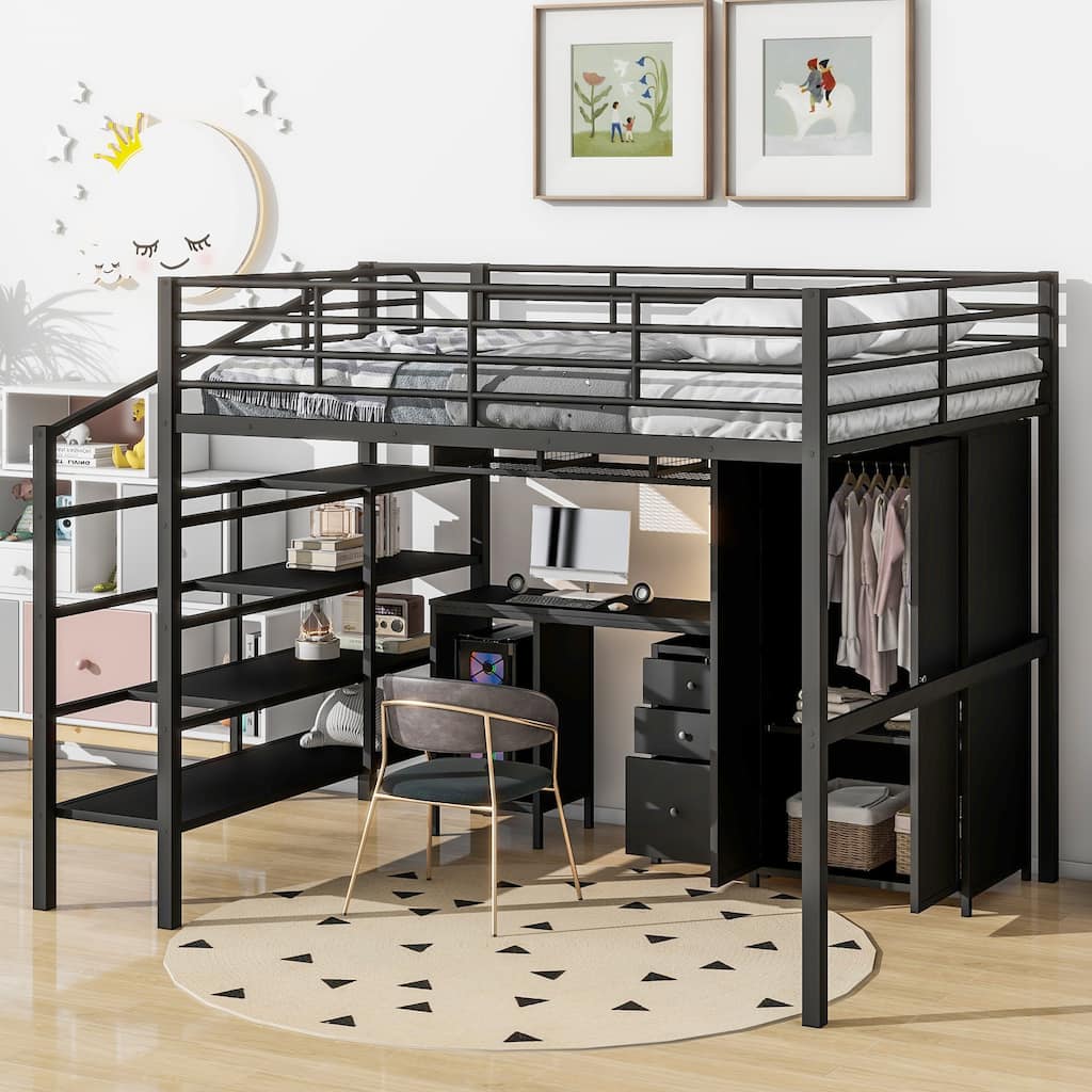 Full Black Metal Loft Bed with Desk, Wardrobe, and Storage