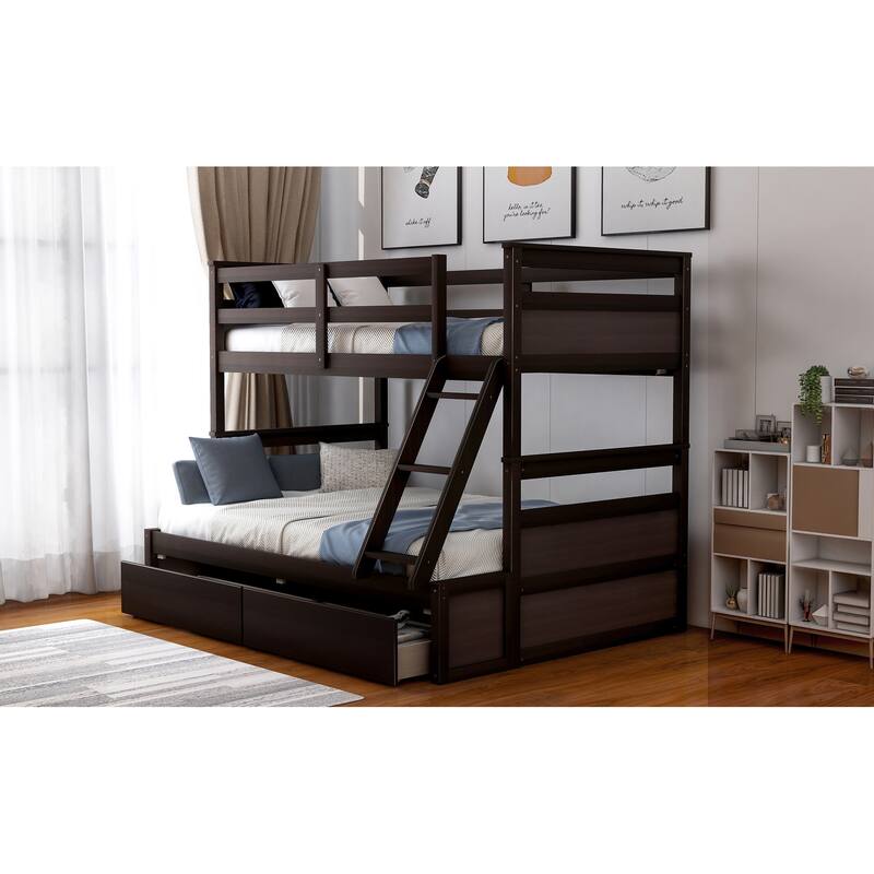 Twin Over Full Bunk Bed with Storage Drawers and Safety Guardrail