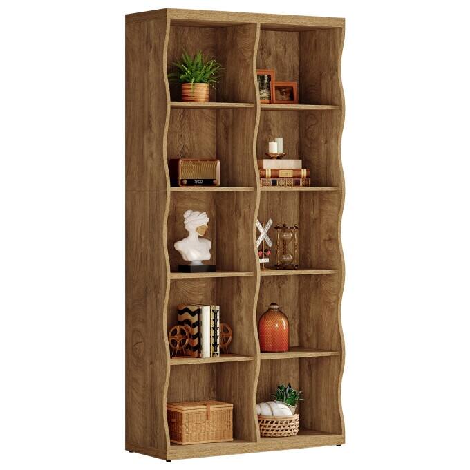 70.86" 5-Tier Bookshelf, 10 Storage Cubes Bookcase with Wave-Design