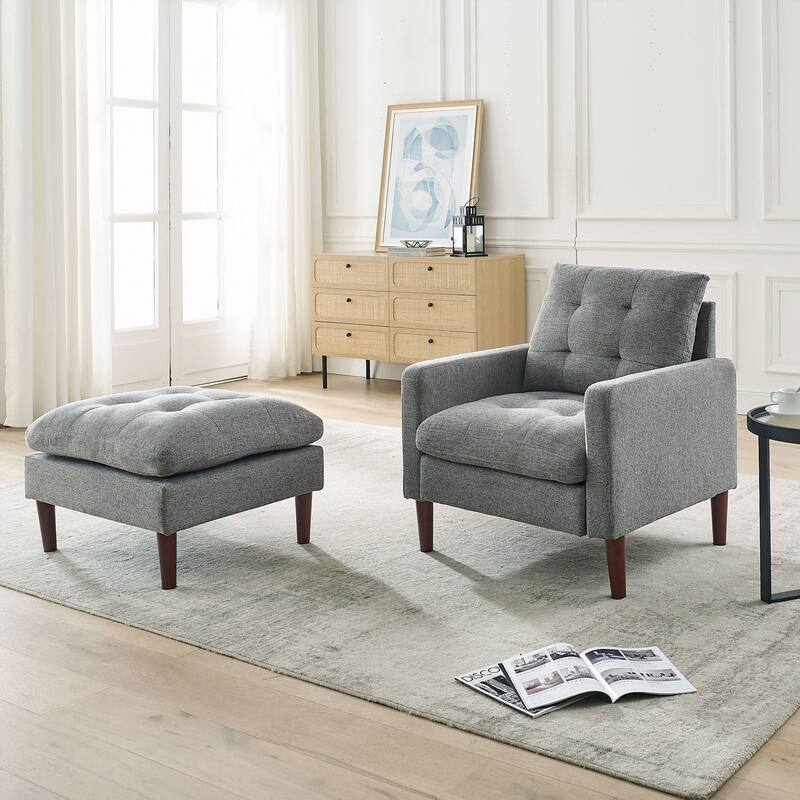 Fabric Single Sofa Chair with Ottoman, Solid Wood Legs