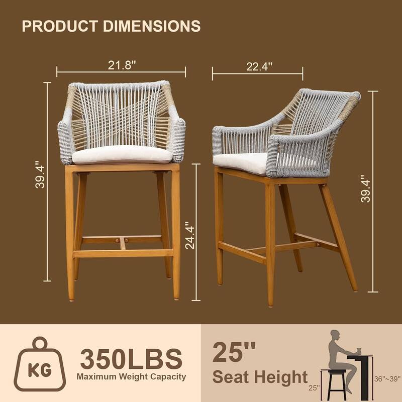 Set of 2 Outdoor Bar Stools with Cushioned Seat and Back, Aluminum Counter Height Bar Chairs with Armrests, for Patio, Pool