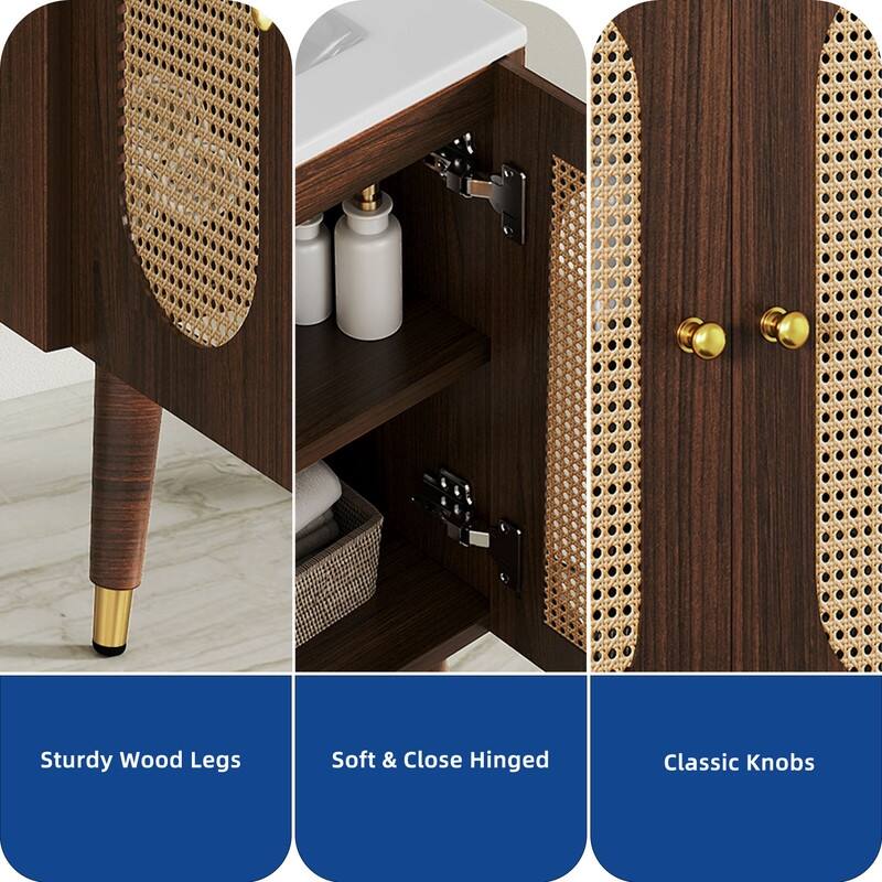 Moasis 24" Bathroom Vanity with Ceramic Sink, Rattan Double Door Cabinet and Drawer, Freestanding Solid Wood Legs
