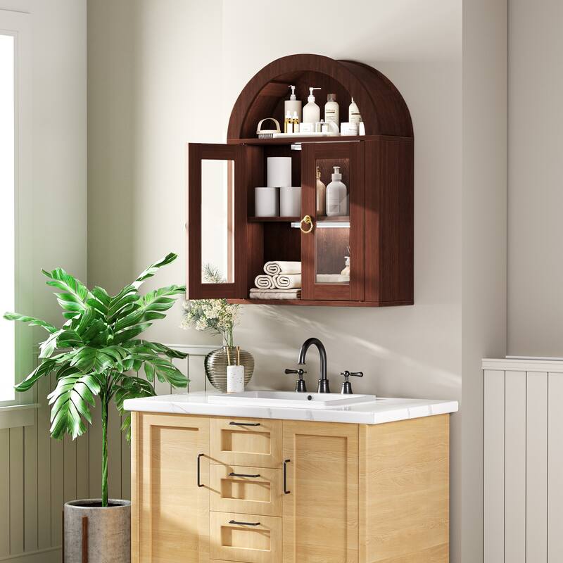 Wall Mounted Arched Cabinet with Glass Doors, Light and Adjustable Shelves for Laundry Room, Bathroom, Kitchen